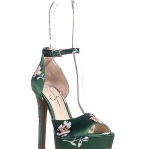 Jessica Simpson Green Floral Platform Heels Open Peep Toe